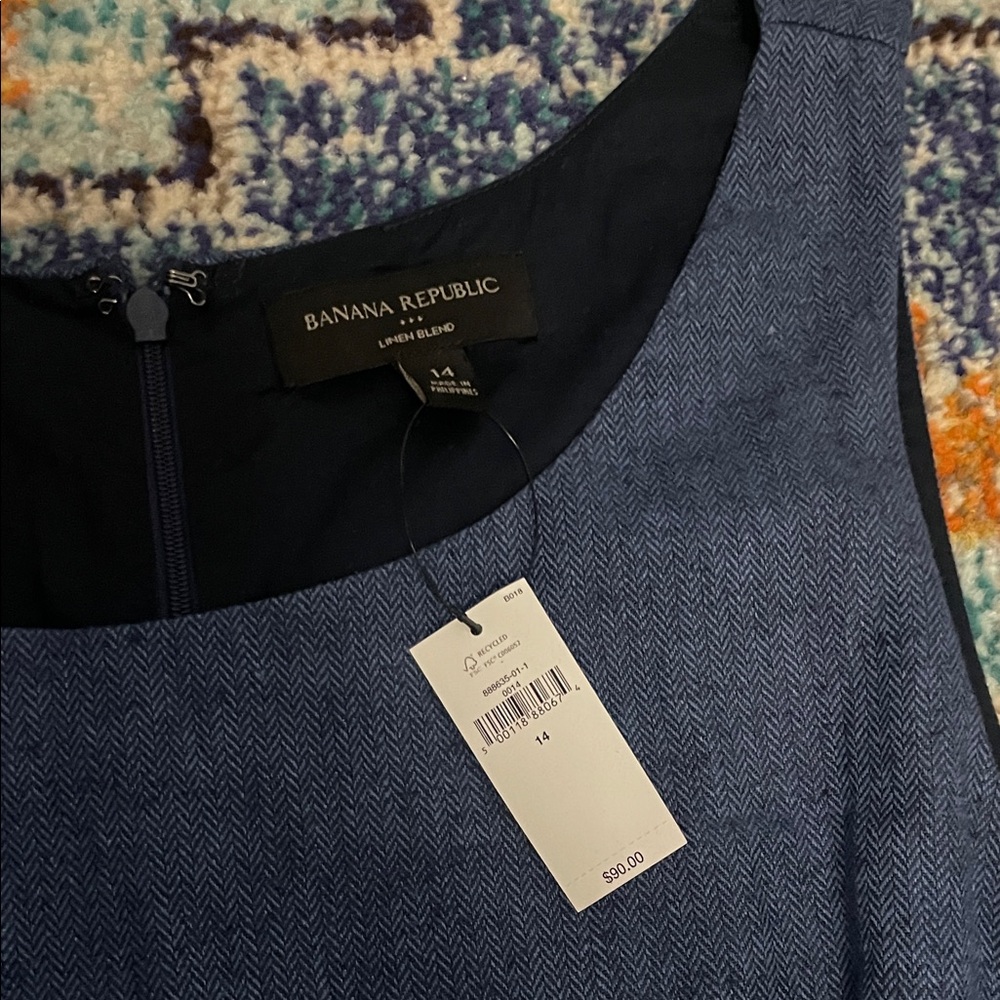 NWT Linen Blend Navy Herringbone Dress - Picture 3 of 8
